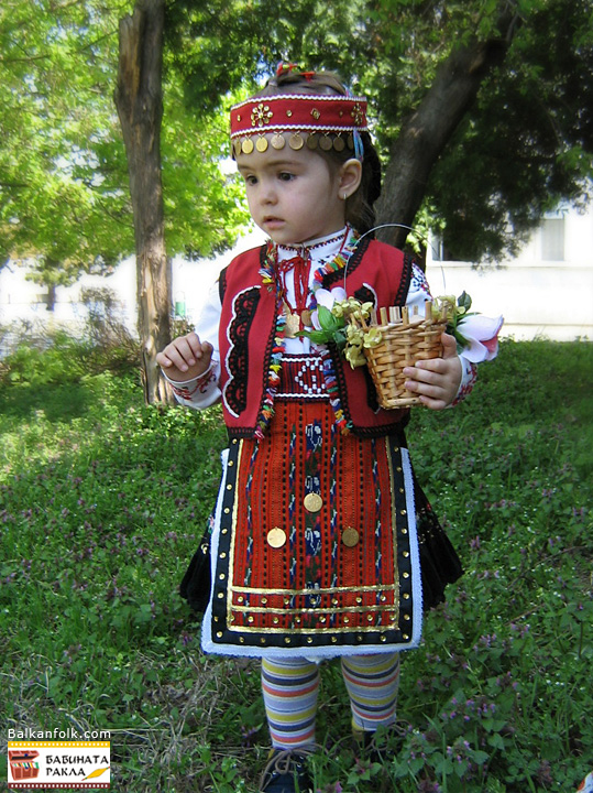 Traditional costume for a child from Nikopol, Bulgaria. Pishtimal, apron, vest, head ornaments, belt